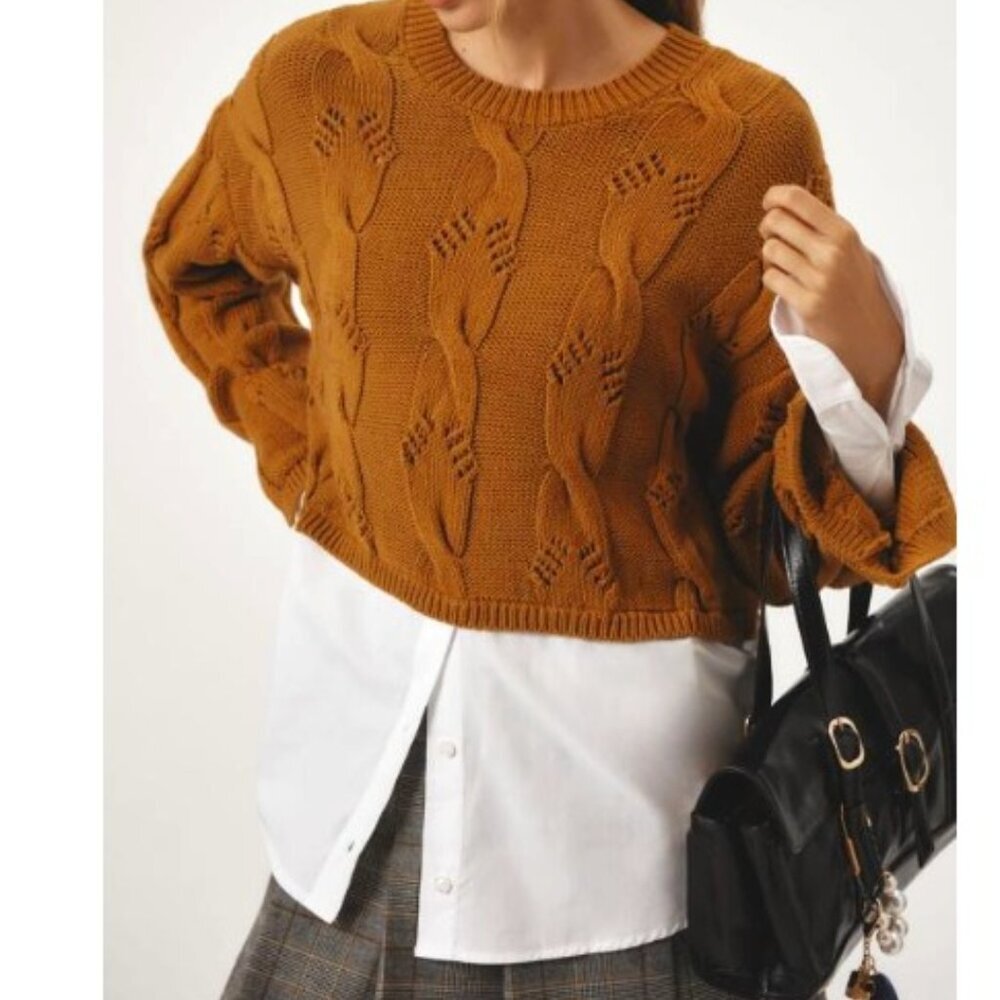 Anthropologie Pilcro Twofer Yellow Mustard White Layered Cable Knit Sweater